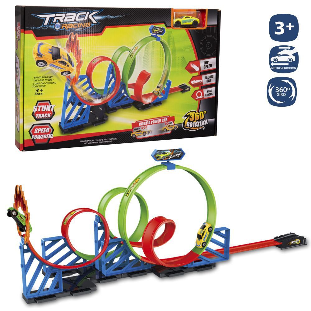 PISTA LOOPING C/4 GIROS + 1 COCHE CON 4 GIROS Y UN SALTO Y 1 COCHE RETROFRICCIÓN. CAJA VENTANA 46X29 CM.