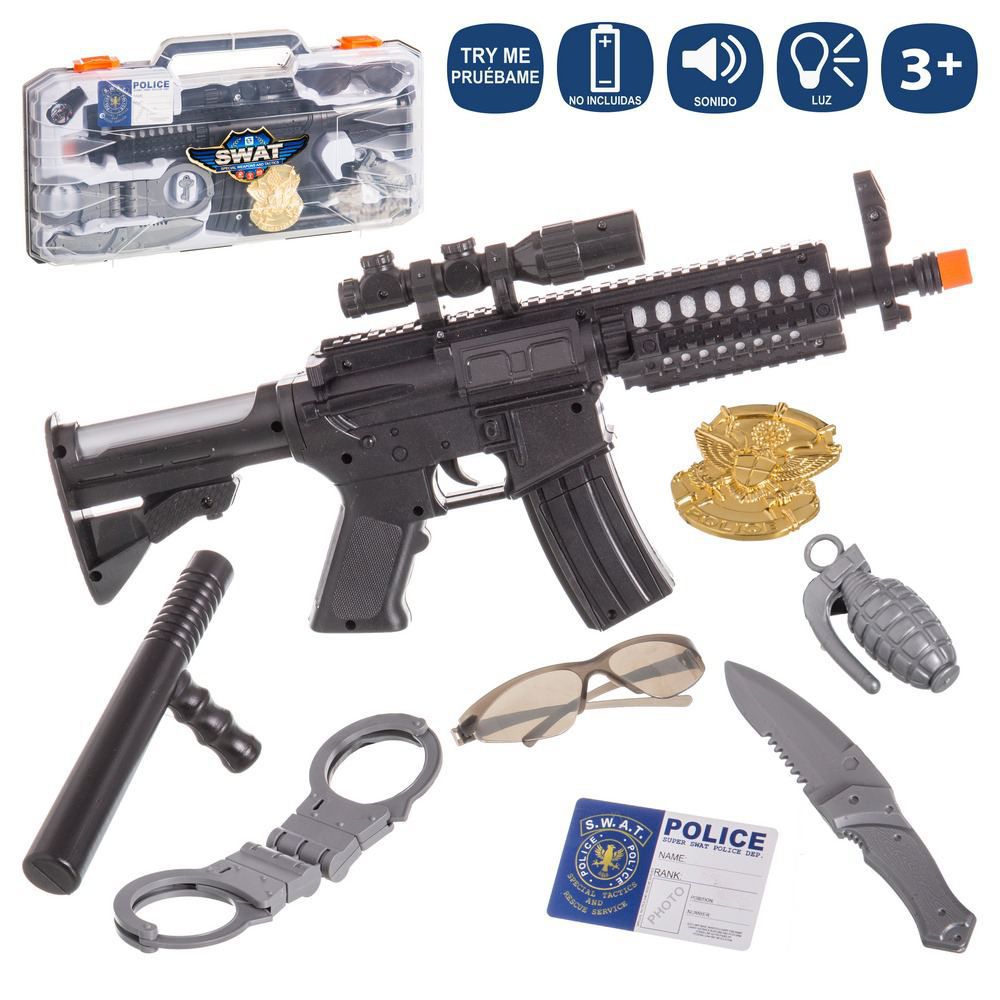 MALETÍN METRALLETA POLICIA LUZ Y SON.ACC 25 CM PILAS 3XAA (INCLUIDAS).