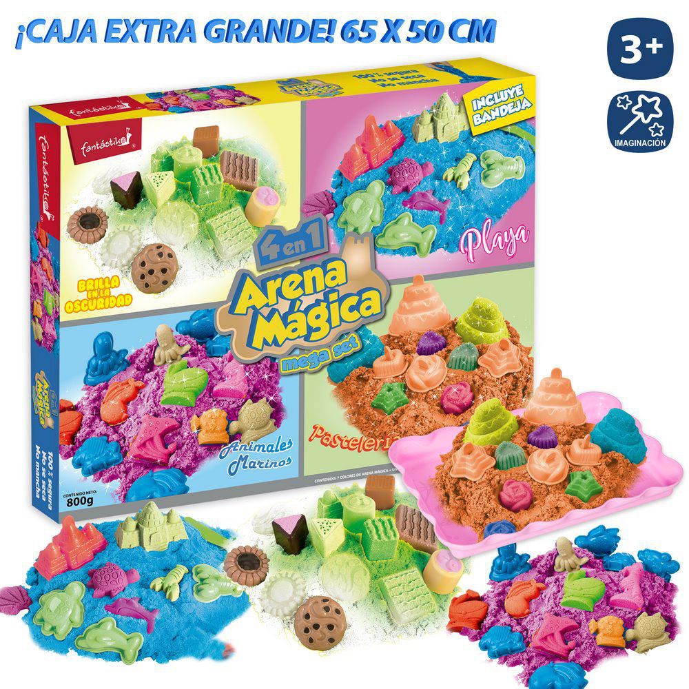 ARENA MÁGICA 800 GRS CON BANDEJA CONTENIDO 800 GRS. 7 COLORES INCLUIDOS 1 BRILLA EN LA NOCHE- 26 MOLDES - CAJA IMPRESA DE 65X51 CM.