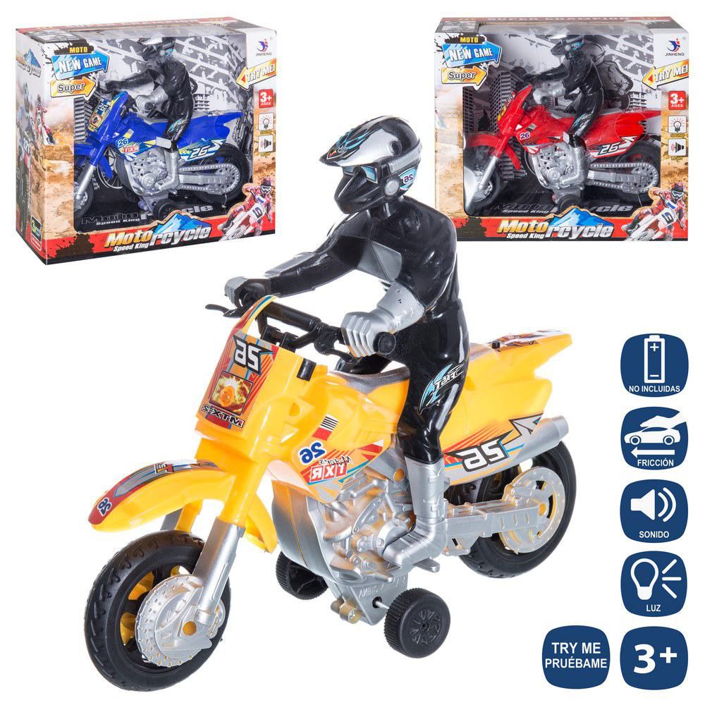MOTO CROSS FRIC. C/LUZ Y SONIDO 3/C TRY 21 CM FUNCIÓN PRUEBAME - PILAS 3XAG13 INCLUIDAS. CAJA VENTANA DE 23X21