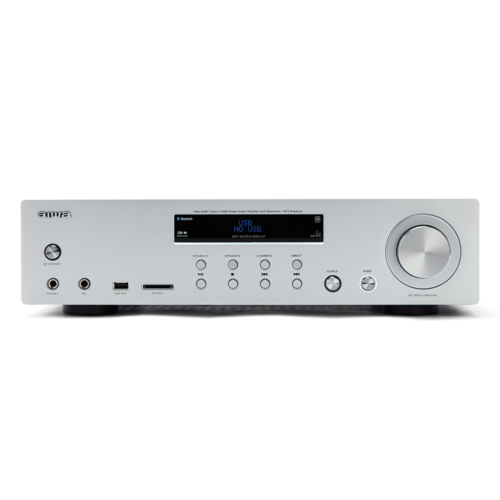 Amplificador AIWA AMU-120BTSL Color Plata Con Bluetooth, USB/SD-MP3 Player