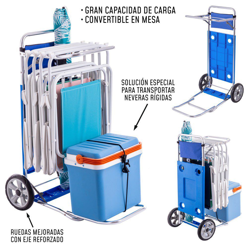 CARRO PORTA NEVERA Y SILLAS ALUMI. 50 X 76 X 105 CM CON ALA ADICONAL ABATIBLE PARA TRANSPORTE NEVERA- CAJA BLANCA Y POSTER
