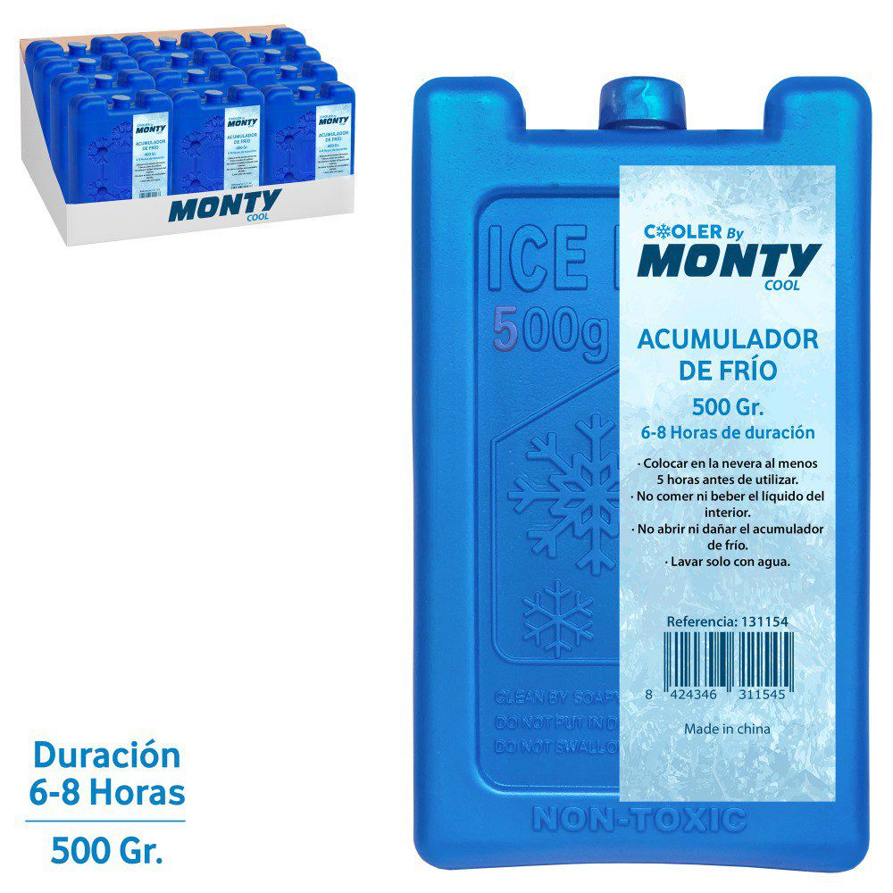ACUMULADOR FRÍO 500 CC PLÁSTICO AZUL 9,50 X 4 X 17 CM MANTIENE FRIO 6-8 HORAS- CAJA EXPOSITORA 12 UDS