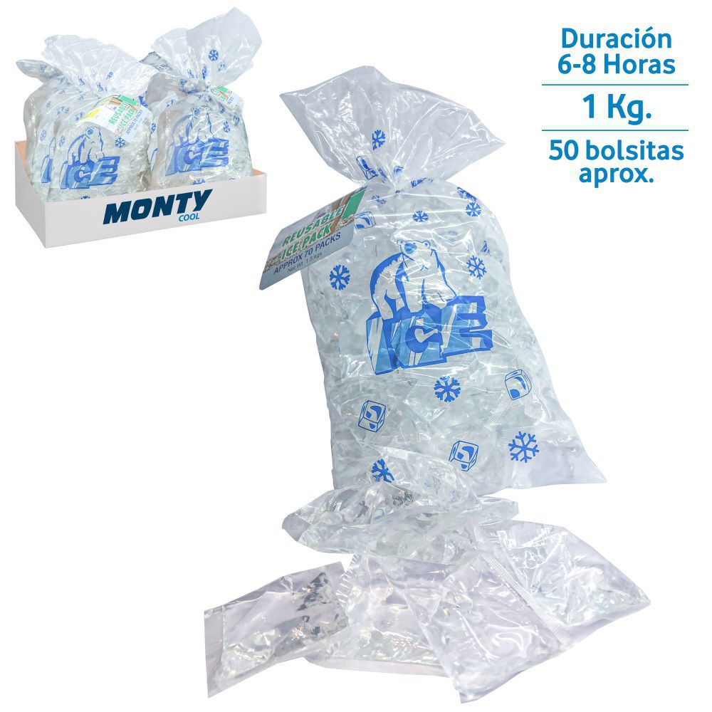 S/50 BOLSA HIELO REUTILIZABLE PACK DE 1 KG- 150 BOLSITAS APROX -IDEAL PARA CHAMPAÑERAS Y BARREÑOS CERVEZA- SE PUEDEN REUTILIZAR- GRAN DURACION- CAJA EXPOSITORA DE 8.