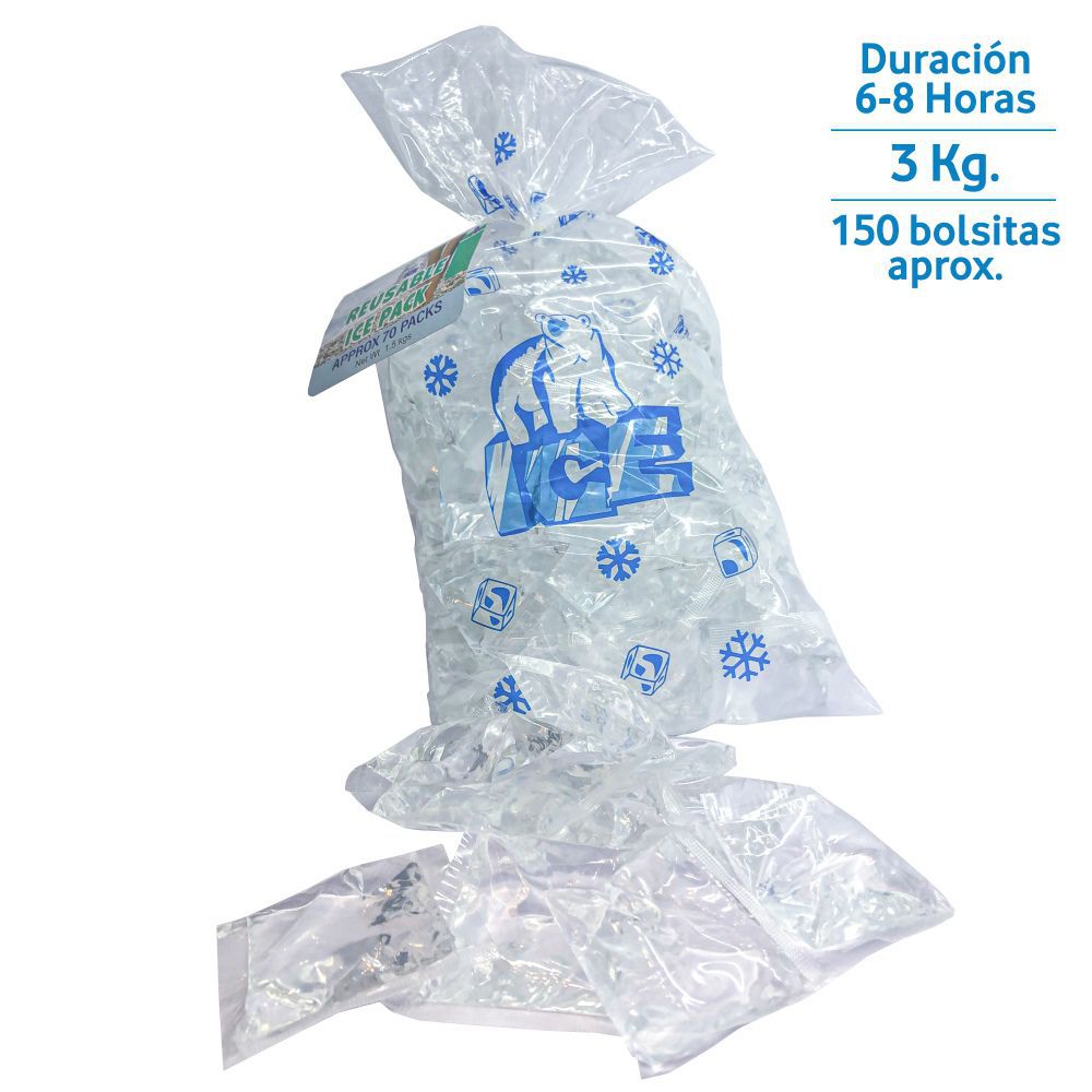 S/150 BOLSA HIELO REUTILIZABLE PACK DE 3 KG- 150 BOLSITAS APROX-IDEAL PARA CHAMPAÑERAS Y BARREÑOS CERVEZA- SE PUEDEN REUTILIZAR- GRAN DURACION