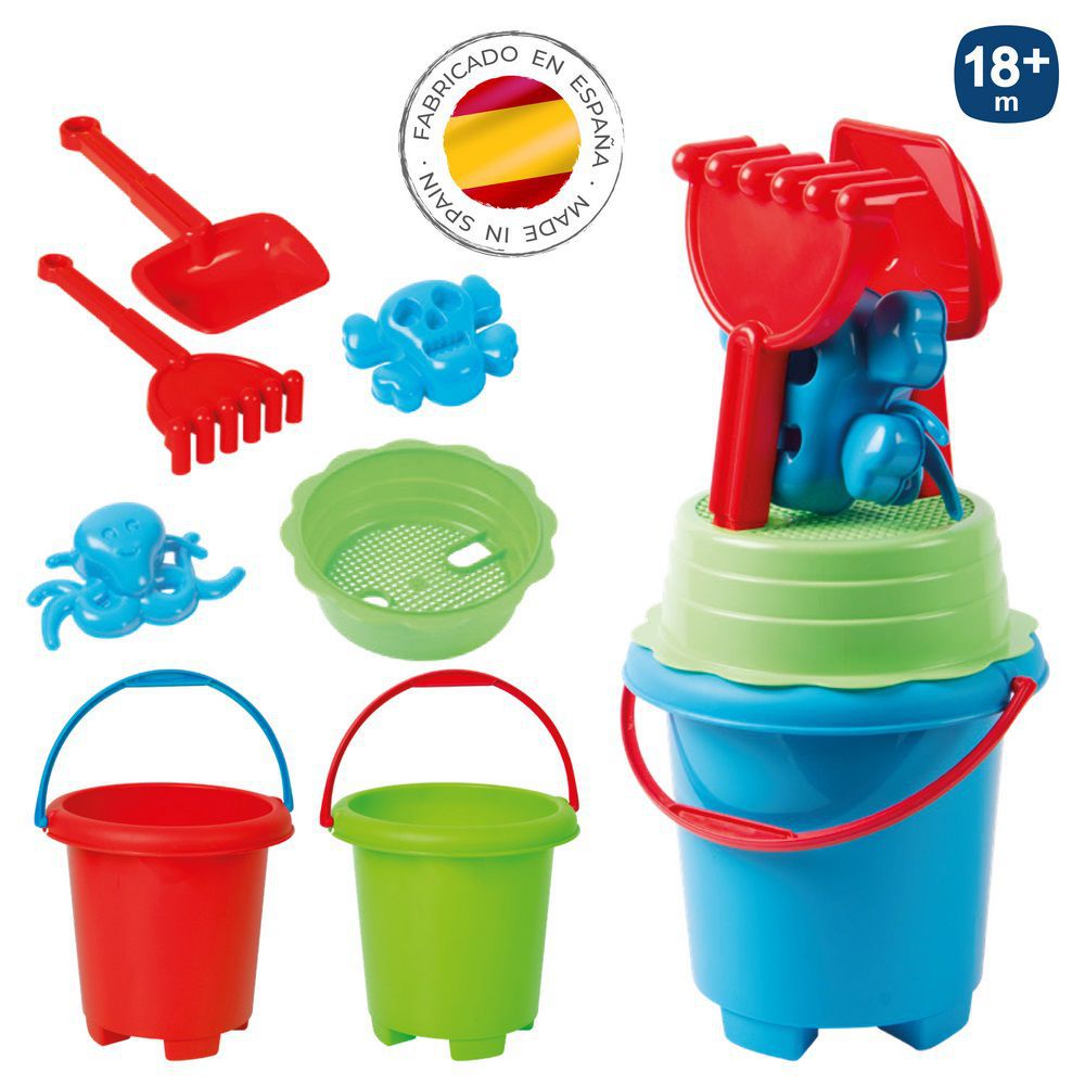 S/6 CUBO CEDAZO PALA RASTR.2MOLDES 3/C 20 X 41 CM CUBO 20 CM DIAX20 ALTO CAPACIDAD 3 LITRO- RED CON ETIQUETA