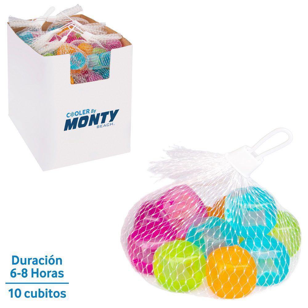 S/10 CUBITTO HIELO COLORES REUTILIZABLE 2,50 X 2,50 CM 10 UNIDADES EN BOLSA CON RED- CAJA EXPOSITORA 24 PACKS