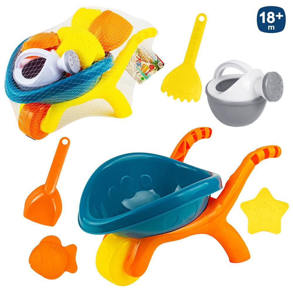 S/4 CARRETILLA CON REGADERA 32 CM PALA, RASTRILLO Y 2 MOLDES. RED CON HANTAG