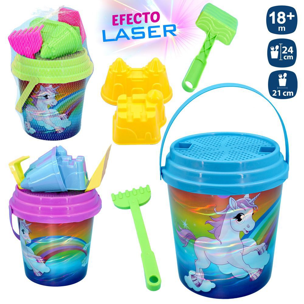 S/6 CUBO PLAYA LÁSER UNICORNIO 3/C 21 X 20 CM IMPRESIÓN EFECTO LASER- INCLUYE CUBO, CEDAZO , PALA , RASTRILLO Y 2 MOLDES- BOLSA RED CON ETIQUETA