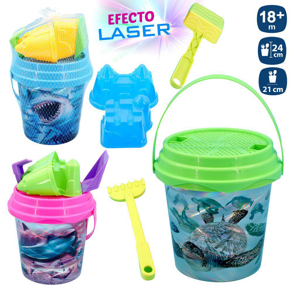 S/6 CUBO PLAYA LÁSER ANIMALES MARINO 3/M 21 X 20 CM IMPRESIÓN EFECTO LASER- INCLUYE CUBO, CEDAZO , PALA , RASRILLO Y 2 MOLDES- BOLSA RED CON ETIQUETA