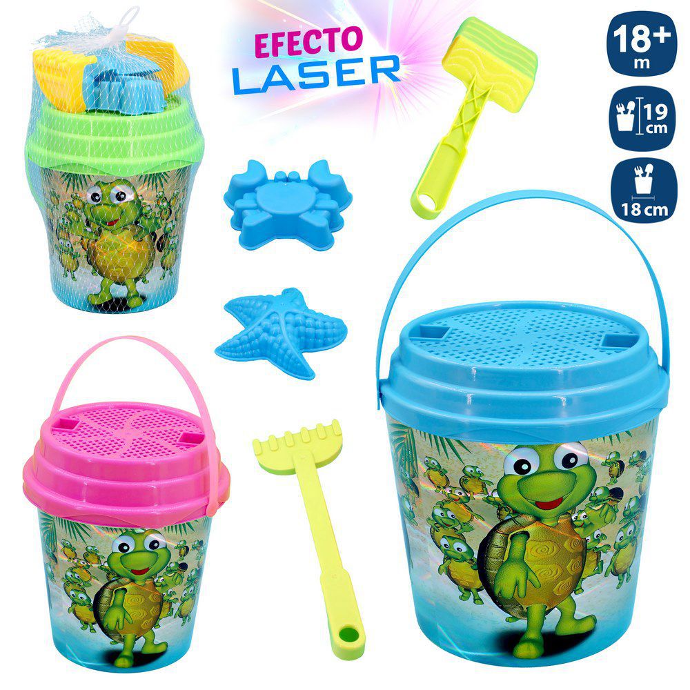 S/6 CUBO PLAYA LÁSER TORTUGA 3/C 17 X 17 CM IMPRESIÓN EFECTO LASER- INCLUYE CUBO, CEDAZO , PALA , RASTRILLO Y 2 MOLDES- BOLSA RED CON ETIQUETA