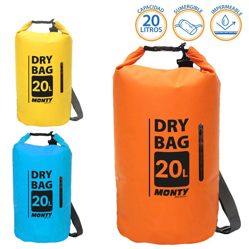 BOLSA IMPERMEABLE 20 LITROS 3/C 26 X 60 CM INCLUYE BOLSILLO CREMALLERA- TOTALMENTE ESTANCA - IDEAL PARA IR A LA PLAYA O EN DIA DE LLUVIA CON ASA LATERAL BANDOLERA