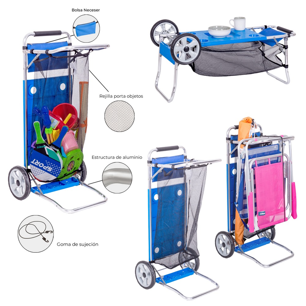 CARRO PORTASILLAS ALUMINIO C/BOLSA RED 50 X 50 X 105 CM INCLUYE BOLSA RED GRAN TAMAÑO- SE CONVIERTE EN MESA- CAJA BLANCA Y POSTER