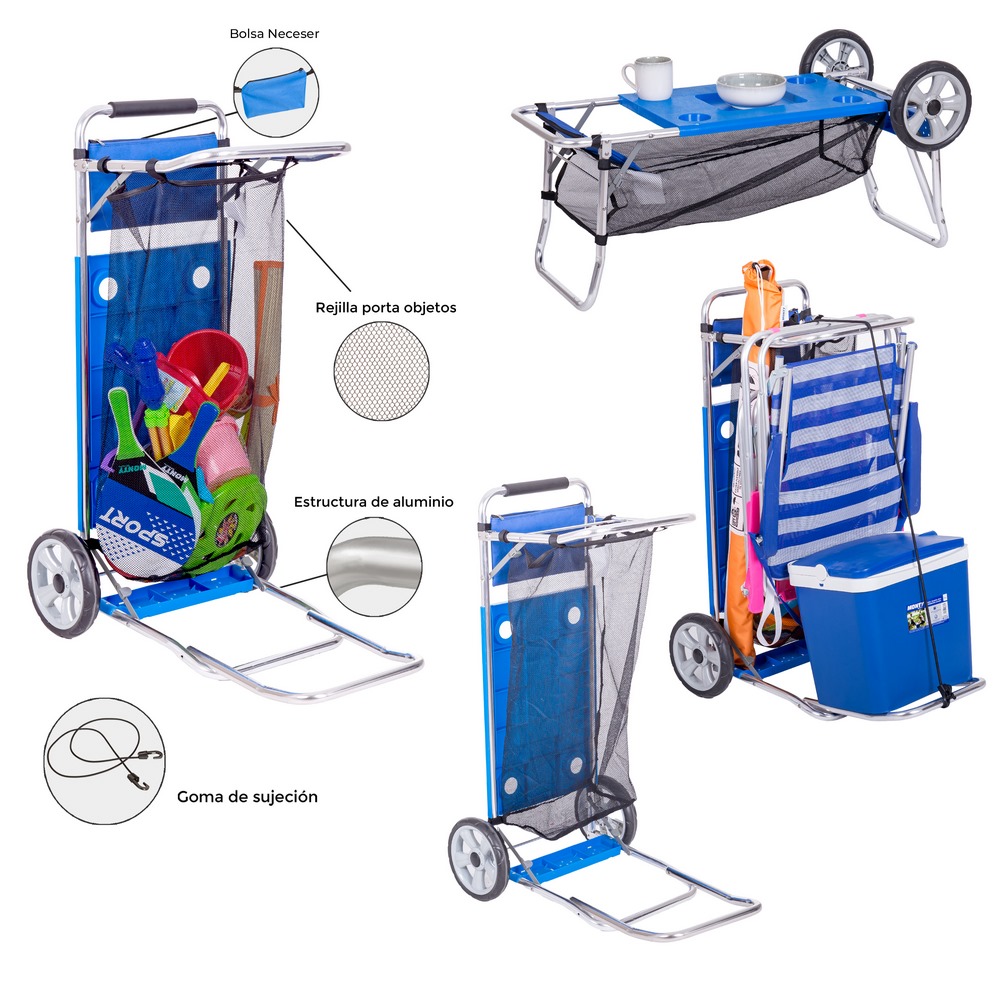 CARRO PORTANEVERA Y SILLA ALUM.BOLSA RED 50 X 76 X 105 CM CON ALA ADICIONAL ABATIBLE PARA TRANSPORTE NEVERA- INCLUYE BOLSA RED GRAN TAMAÑO- SE CONVIERTE EN MESA CAJA BLANCA Y POSTER