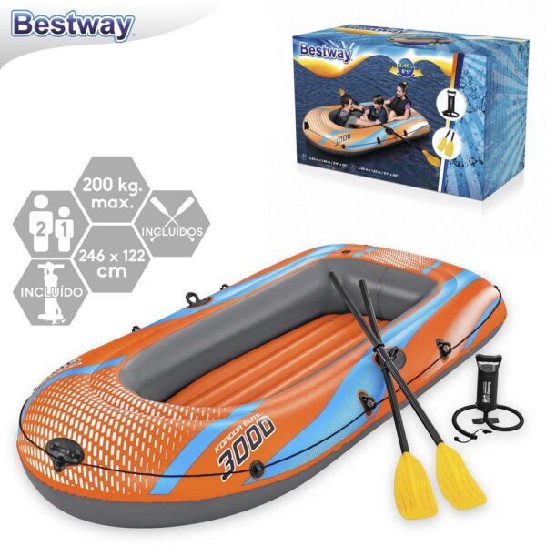 BARCA KONDOR REMOS E HINCHADOR HINCHABLE 246 X 122 CM APTA PARA 2 ADULTOS + 1 NIÑO - CAJA IMPRESA