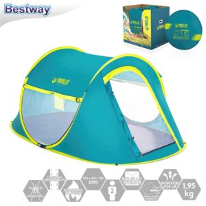 TIENDA CAMPAÑA POP UP 2 PERSONAS 235 X 145 X 100 CM APERTURA POP UP AUTOMATICA- TEJIDO POLYESTER 190 T WATERPROOF- BOLSA TRANSPORTE - CAJA EXPOSITORA 18UDS