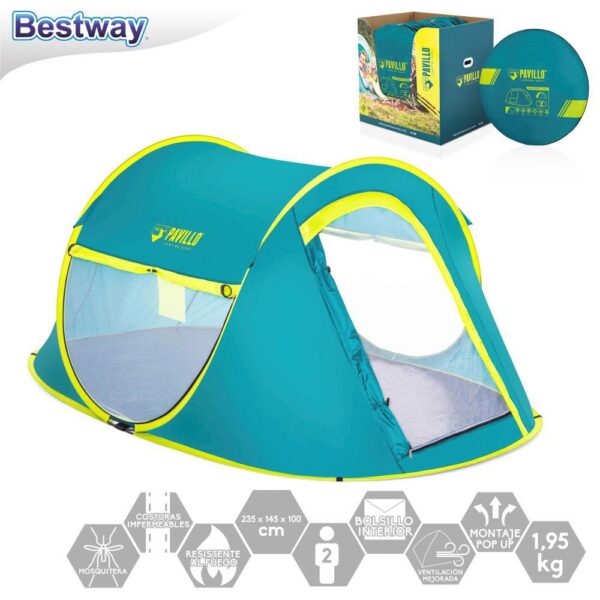 TIENDA CAMPAÑA POP UP 2 PERSONAS 235 X 145 X 100 CM APERTURA POP UP AUTOMATICA- TEJIDO POLYESTER 190 T WATERPROOF- BOLSA TRANSPORTE - CAJA EXPOSITORA 18UDS