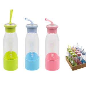 BOTELLA CRISTAL CON PROTECTOR SILICONA  Y TAPON ACERO INOX. 350ML