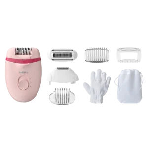 Depiladora Compacta PHILIPS Satinelle EssentiaL rosa BRE285/00 varias piezas de corte + guante exf.
