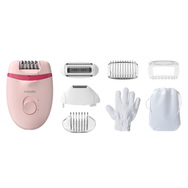 Depiladora Compacta PHILIPS Satinelle EssentiaL rosa BRE285/00 varias piezas de corte + guante exf.