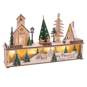 PAISAJE CASAS MÚSICA Y 6 LUCES MADERA 45 X 10 X 27 CM FUNCIONA CON PILAS 3 X AAA (NO INCLUIDAS)