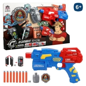 PISTOLA LANZADARDOS INCLUYE 8 DARDOS FOAM - CAJA ABIERTA 48X29 CM