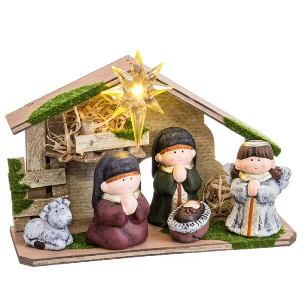 PORTAL CON LUZ 5 FIGURAS CERÁMICA / MDF 22,50 X 8,50 X 16,50 PRESENTACIÓN EN CAJA VENTANA. FUNCIONA A PILAS: 2 X LR44 (INCLUIDAS).