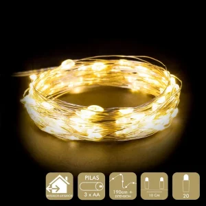 MICRO-LED 20 LUCES CÁLIDO GUIRNALDA A PILAS 3 X AA (NO INCLUIDAS). IP44. 8 FUNCIONES Y 6 HRS DE FUNCIONAMIENTO. LUZ FIJA. USO INTERIOR/EXTERIOR. LONGITUD: 190 CM + EXTENSIÓN. DISTANCIA ENTRE LUCES: 10 CM.