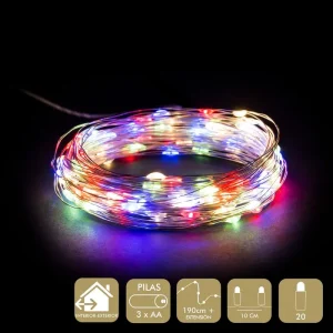 MICRO-LED 20 LUCES MULTICOLOR GUIRNALDA A PILAS 3 X AA (NO INCLUIDAS). IP44. 8 FUNCIONES Y 6 HRS DE FUNCIONAMIENTO. LUZ FIJA. USO INTERIOR/EXTERIOR. LONGITUD: 190 CM + EXTENSIÓN. DISTANCIA ENTRE LUCES: 10 CM.