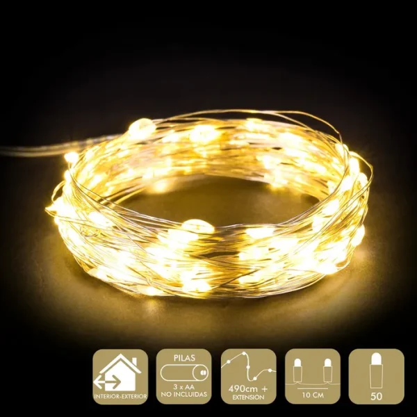 MICRO-LED 50 LUCES CÁLIDO GUIRNALDA A PILAS 3 X AA (NO INCLUIDAS). IP44. 8 FUNCIONES Y 6 HRS DE FUNCIONAMIENTO. LUZ FIJA. USO INTERIOR/EXTERIOR. LONGITUD: 490 CM + EXTENSIÓN. DISTANCIA ENTRE BOMBILLAS: 10CM.