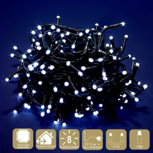 750 LUCES LED 8 FUNCIONES BLANCO GUIRNALDA A LA RED ELÉCTRICA. 6 W.USO INTERIOR / EXTERIOR. IP44. CABLE VERDE. LONGITUD CADENA 37,5 METROS + 500 CM DE EXTENSIÓN. DIS TANCIA ENTRE BOMBILLAS: 5 CM. CAJA LITOGRAFIADA DE 20 X 18 X 15