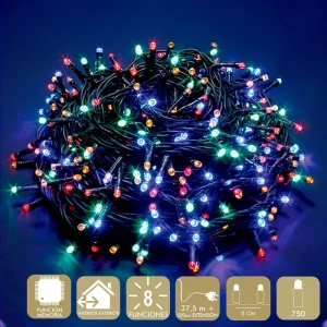 750 LUCES LED 8 FUNCIONES MULTICOLOR GUIRNALDA A LA RED ELÉCTRICA. 6 W.USO INTERIOR / EXTERIOR. IP44. CABLE VERDE. LONGITUD CADENA 37,5 METROS + 500 CM DE EXTENSIÓN. DIS TANCIA ENTRE BOMBILLAS: 5 CM. CAJA LITOGRAFIADA DE 20 X 18 X