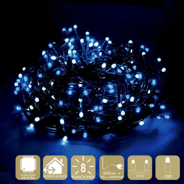 100 LUCES LED 8 FUNCIONES BLANCO-AZUL GUIRNALDA A LA RED ELÉCTRICA. USO INTERIOR / EXTERIOR. IP44. TRANSFORMADOR DE 31 V. CABLE VERDE. LONGITUD TOTAL 995 CM. CADENA DE 495 CM Y EXTENSIÓN DE 500 CM. DISTANCIA ENTRE LUCES DE 5 CM.