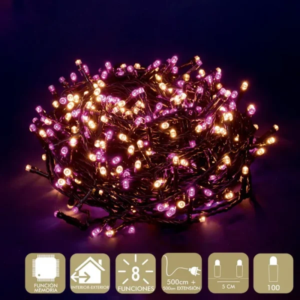 100 LUCES LED 8 FUNCIONES ROSA-CÁLIDO GUIRNALDA A LA RED ELÉCTRICA. 3,6 W.USO INTERIOR / EXTERIOR. IP44. CABLE VERDE. 8 FUNCIONES. LONGITUD CADENA 500 CM + 500 CM DE EXTE NSIÓN. DISTANCIA ENTRE BOMBILLAS: 5 CM.