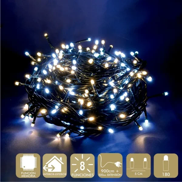 180 LUCES LED 8 FUNCIONES BLANCO-CÁLIDO GUIRNALDA A LA RED ELÉCTRICA 3,6 W. USO INTERIOR / EXTERIOR. IP44. CABLE VERDE. LONGITUD CADENA 900 CM + 500 CM DE EXTENSIÓN. DISTAN CIA ENTRE BOMBILLAS: 5CM. CAJA LITOGRAFIADA DE 14 X 10 X