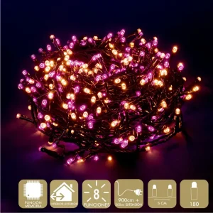 180 LUCES LED 8 FUNCIONES ROSA-CÁLIDO GUIRNALDA A LA RED ELÉCTRICA 3,6 W. USO INTERIOR / EXTERIOR. IP44. CABLE VERDE. LONGITUD CADENA 900 CM + 500 CM DE EXTENSIÓN. DISTAN CIA ENTRE BOMBILLAS: 5CM. CAJA LITOGRAFIADA DE 14 X 10 X 12