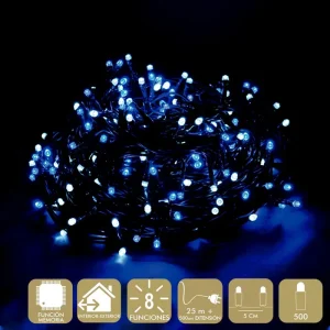500 LUCES LED 8 FUNCIONES BLANCO-AZUL GUIRNALDA A LA RED ELÉCTRICA 6W. USO INTERIOR / EXTERIOR. IP44. CABLE VERDE. LONGITUD CADENA 25 METROS + 500 CM DE EXTENSIÓN. DISTAN CIA ENTRE BOMBILLAS: 5CM. CAJA LITOGRAFIADA DE 24 X 14,5 X