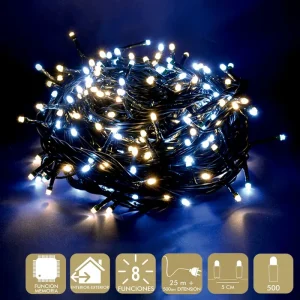 500 LUCES LED 8 FUNCIONES BLANCO-CÁLIDO GUIRNALDA A LA RED ELÉCTRICA 6W. USO INTERIOR / EXTERIOR. IP44. CABLE VERDE. LONGITUD CADENA 25 METROS + 500 CM DE EXTENSIÓN. DISTAN CIA ENTRE BOMBILLAS: 5CM. CAJA LITOGRAFIADA DE 24 X 14,5