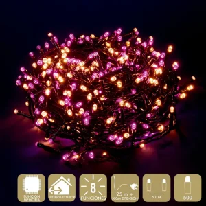 500 LUCES LED 8 FUNCIONES ROSA-CÁLIDO GUIRNALDA A LA RED ELÉCTRICA 6W. USO INTERIOR / EXTERIOR. IP44. CABLE VERDE. LONGITUD CADENA 25 METROS + 500 CM DE EXTENSIÓN. DISTAN CIA ENTRE BOMBILLAS: 5CM. CAJA LITOGRAFIADA DE 24 X 14,5 X