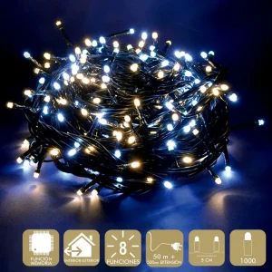 1000 LUCES LED 8 FUNCIONES GUIRNALDA A LA RED ELÉCTRICA. USO INTERIOR / EXTERIOR. IP44. CABLE VERDE. LONGITUD CADENA 50 METROS + 500 CM DE EXTENSIÓN. DISTANCIA ENTRE BOMBILLAS: 5CM. CAJA LITOGRAFIADA DE 25 X 20 X 18 CM.