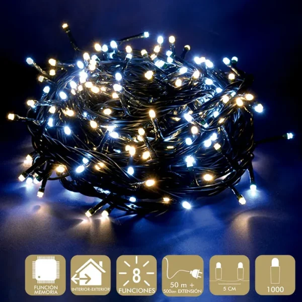 1000 LUCES LED 8 FUNCIONES GUIRNALDA A LA RED ELÉCTRICA. USO INTERIOR / EXTERIOR. IP44. CABLE VERDE. LONGITUD CADENA 50 METROS + 500 CM DE EXTENSIÓN. DISTANCIA ENTRE BOMBILLAS: 5CM. CAJA LITOGRAFIADA DE 25 X 20 X 18 CM.