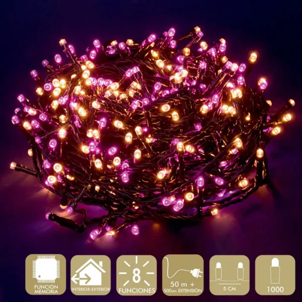 1000 LUCES LED 8 FUNCIONES ROSA-CÁLIDO GUIRNALDA A LA RED ELÉCTRICA. USO INTERIOR / EXTERIOR. IP44. CABLE VERDE. LONGITUD CADENA 50 METROS + 500 CM DE EXTENSIÓN. DISTANCIA ENTRE BOMBILLAS: 5CM. CAJA LITOGRAFIADA DE 25 X 20 X 18 CM