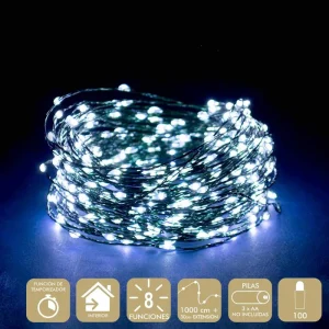 100 MICRO LED 8 FUNCIONES BLANCO GUIRNALDA A PILAS 3 X AA (NO INCLUIDAS). USO INTERIOR. IP20. LONGITUD TOTAL DE 1030 CM. CADENA DE 1000 CM Y EXTENSIÓN DE 30 CM. CON TEMPORIZADOR. CABLE VERDE.
