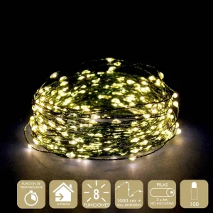 100 MICRO LED 8 FUNCIONES CÁLIDO GUIRNALDA A PILAS 3 X AA (NO INCLUIDAS). USO INTERIOR. IP20. LONGITUD TOTAL DE 1030 CM. CADENA DE 1000 CM Y EXTENSIÓN DE 30 CM. CON TEMPORIZADOR. CABLE VERDE.