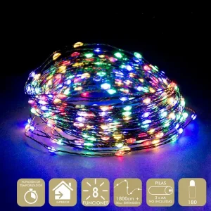 180 MICRO LED 8 FUNCIONES MULTICOLOR GUIRNALDA A PILAS 3 X AA (NO INCLUIDAS). USO INTERIOR. IP20. LONGITUD TOTAL DE 1830 CM. CADENA DE 1800 CM Y EXTENSIÓN DE 30 CM. CON TEMPORIZADOR. CABLE VERDE.