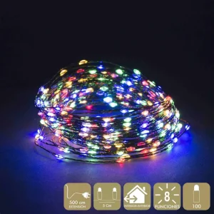 CADENA 100 MICROLED MULTICOLOR FUNCIONA CON LA RED ELÉCTRICA 1.5W. TRANSFORMADOR CON 8 FUNCIONES. IP44 (USO INTERIOR / EXTERIOR) CABLE DE COLOR VERDE DISTANCIA ENTRE BOMBILLAS: 5 CM. 100 LEDS DE LUZ MULTICOLOR EXTENSIÓN DE CABLE: