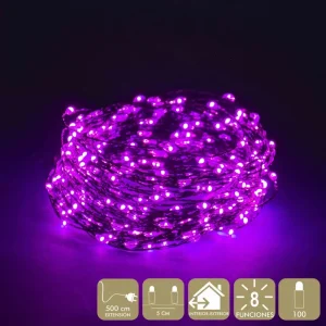 CADENA 100 MICROLED FUCSIA USO INTERIOR/EXTERIOR (IP44). CADENA A LA RED ELÉCTRICA. 8 FUNCIONES. CON TRANSFORMADOR (3,5V). 100 BOMBILLAS. DISTANCIA ENTRE LUCES 5CM . EXTENSIÓN CABLE: 5 METROS. LONGITUD TOTAL: 4,95 METROS. CABLE VE