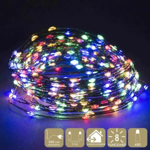 CADENA 480 MICROLED MULTICOLOR FUNCIONA CON LA RED ELÉCTRICA 6W. TRANSFORMADOR CON 8 FUNCIONES. IP44 (USO INTERIOR / EXTERIOR) CABLE DE COLOR VERDE DISTANCIA ENTRE BOMBILLAS: 5 CM. 480 LEDS DE LUZ MULTICOLOR EXTENSIÓN DE CABLE: 5