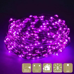 CADENA 480 MICROLED FUCSIA USO INTERIOR/EXTERIOR (IP44). CADENA A LA RED ELÉCTRICA. 8 FUNCIONES. CON TRANSFORMADOR (12V). DISTANCIA ENTRE LUCES 5CM . EXTENSIÓN CABLE: 5 METROS. LONGITUD TOTAL: 23,95 METROS. CABLE VERDE
