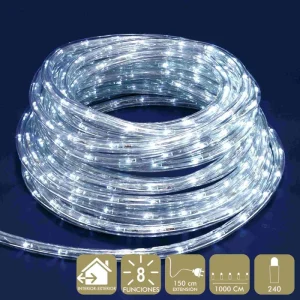 MANGUERA 240 LED BLANCO USO INTERIOR/EXTERIOR (IP44). MANGUERA A LA RED ELÉCTRICA. 8 FUNCIONES. GROSOR TUBO: 1 CM. EXTENSIÓN CABLE: 150 CM. LONGUITUD TOTAL: 1000 CM.